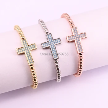 

10Pcs 4mm Round Beads Micro Pave CZ Cross Charm Braiding Macrame Bracelets & Bangles