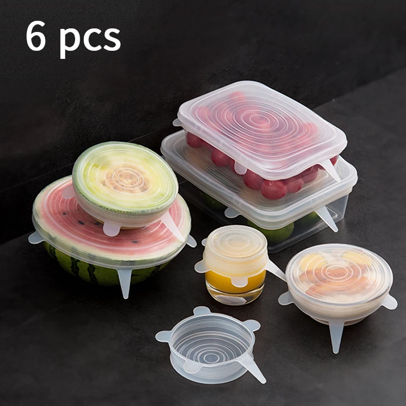 

6 Pcs/Set Silicone Food Cover Reusable Stretch Vacuum Seal Wrap Wrap Kitchen Organization Pot Dish Fresh Keeping Sealed Lids