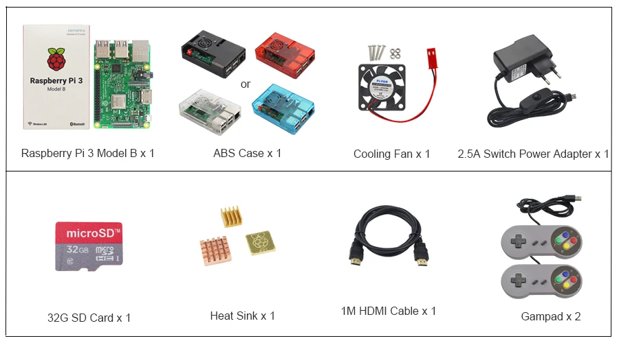 Raspberry Pi 3 Model B+ плюс игровой стартовый комплект+ sd-карта 16G 32G+ геймпад+ чехол+ вентилятор+ мощность+ радиатор+ кабель HDMI для RetroPie