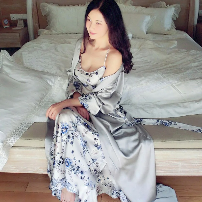 

High Quality Women's Silk Pajamas Nightwear Two Pieces Bathrobe Spring Summer Long Robes Satin Blue Floral Sleepwear Nightwear