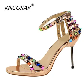 

KNCOKAR 2018 Nightclub sexy high-heeled sandal banquet colorful rivets with thin and 9.5cm sandals size 34-40 can be selected