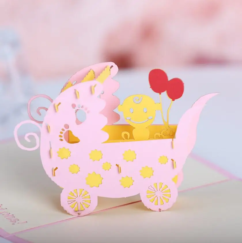  10pcs 3D Creative Baby stroller Handmade Kirigami Origami Wedding Party Baby Shower Invitation Card - 32817498787