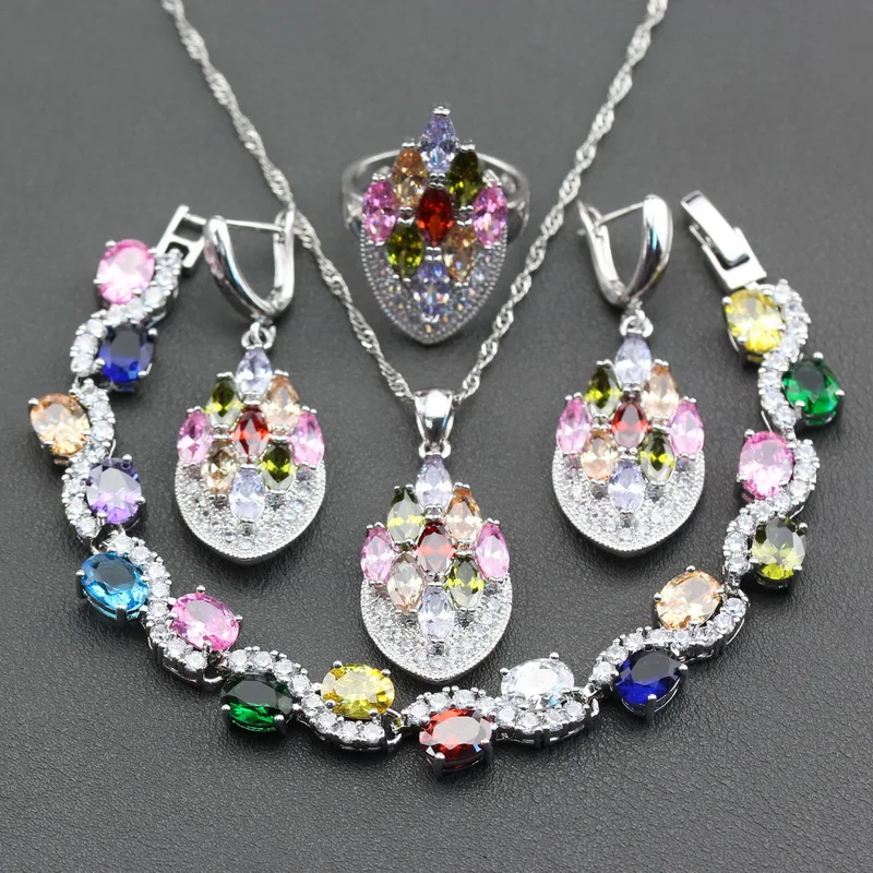 

4PCS Jewelry Sets Ring Size 6/7/8/9/10 Wedding Party Gift 925 Sterling Silver Multicolor Zircon For Women Free Gift Box JS247