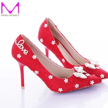 Red Lace Pointed Toe Thin Heels Women Pumps Bridal High Heels Party Wedding Shoes Bowknot Elegant Dress Shoes Bridesmaid Shoes