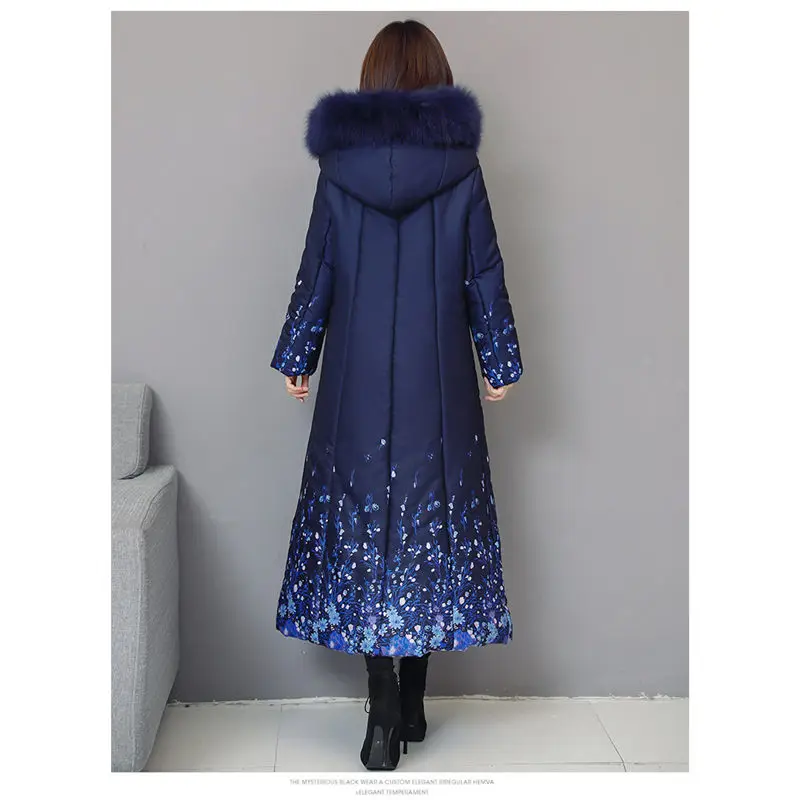 Big Fur Collar Blue Down Jacket Winter Fashion Stitching Print Hooded Coat Temperament Slim Thicken Warm Cotton Outerwears f1325