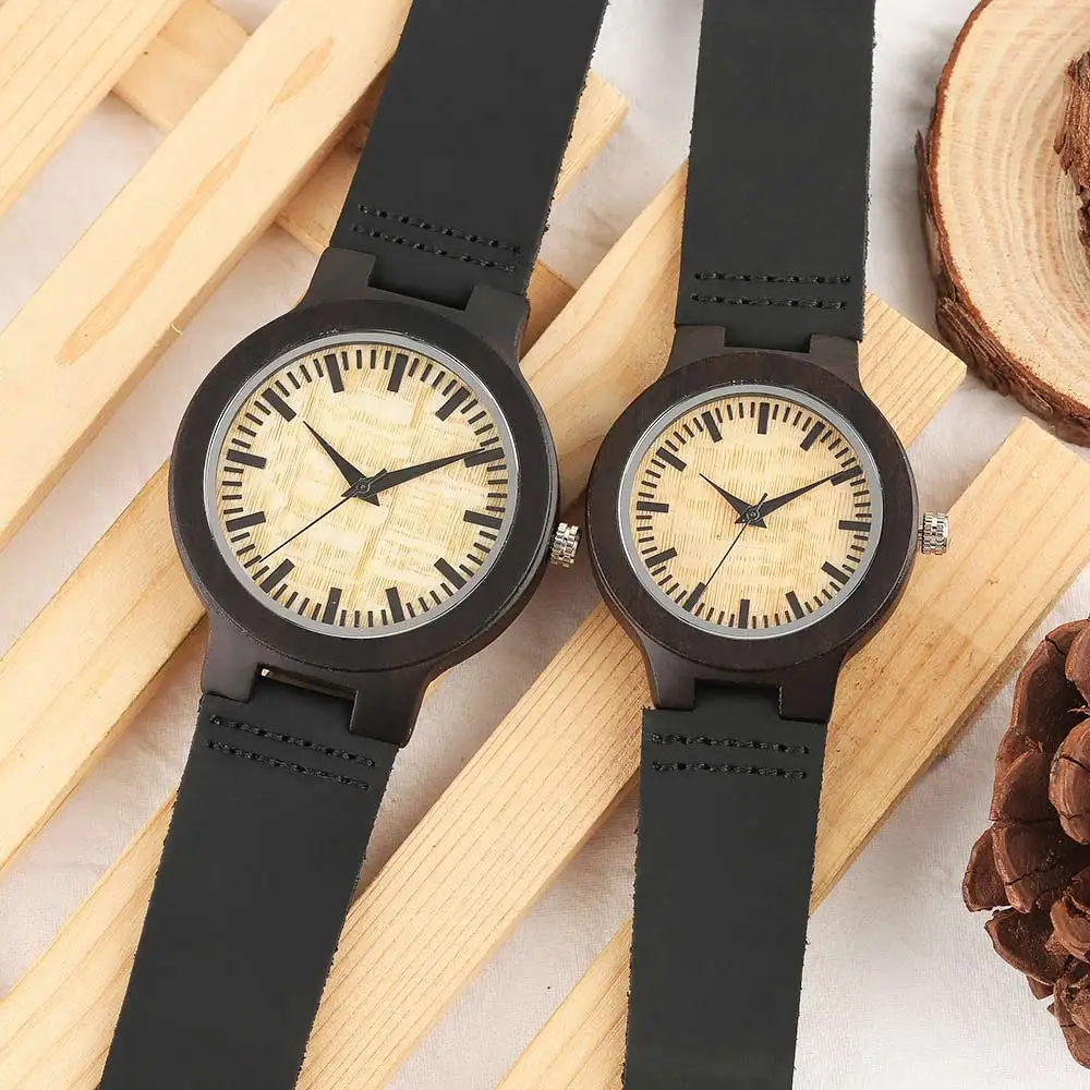 Пару часов темно-bronw случае желтый циферблат деревянные часы Современные бамбука кварц-часы ручной работы деревянные часы мягкий кожаный