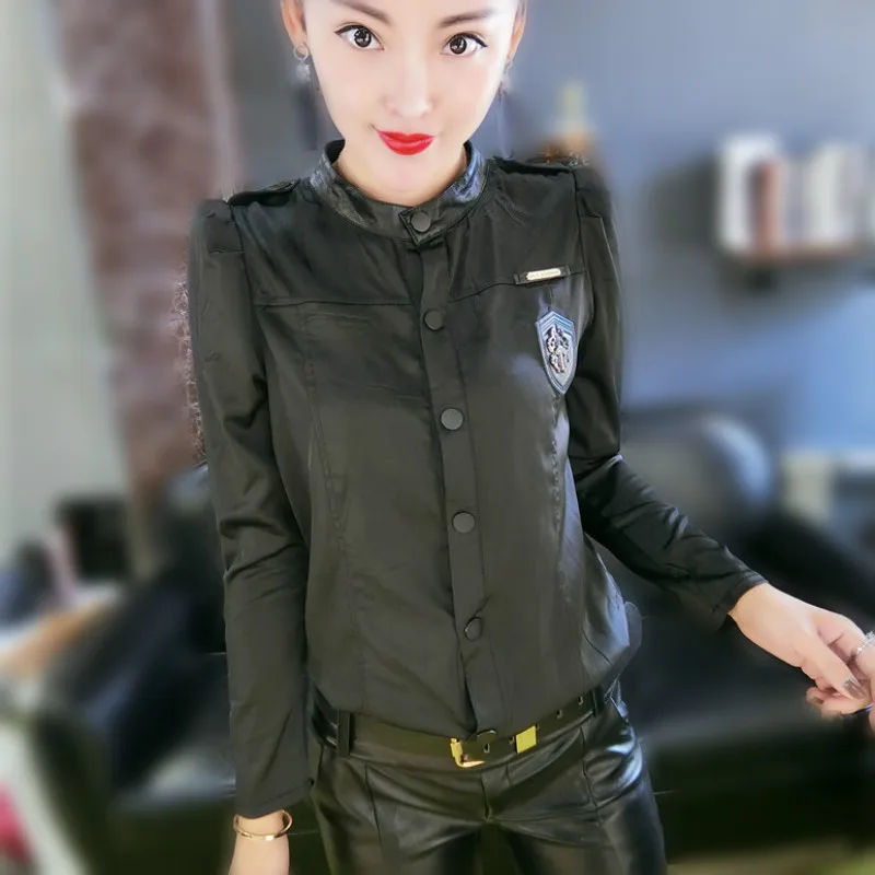 

2018 New Long Sleeve Stand Collar PU Leather Deco Satin Shirts Women Badge Black Shirts Women Insignia Black Satin Blouses Tops