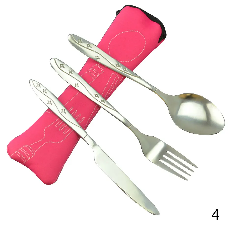 Кухонные многоразовые дорожные столовые приборы с чехлом набор ложек и вилок с ножами офисные походные аксессуары нож вилка и ложка магазин UYT - Цвет: rose red 4