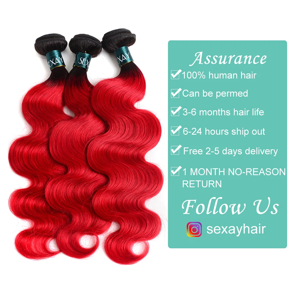  Ombre Bundles With Closure Brazilian Body Wave 3 Bundles Pack With Closure Sexay Pre-Colored 1B/Red
