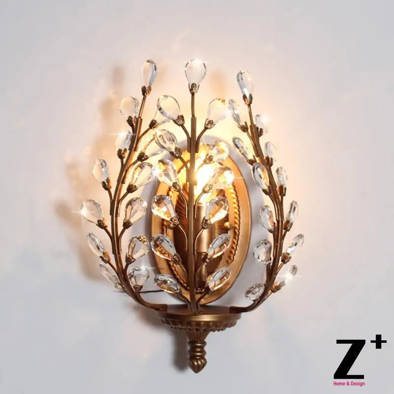 

American Country Style Vintage K9 Crystal Wall lamp E14 Gold color Tree branch wrought Rion Made Free Shipping wall sconce