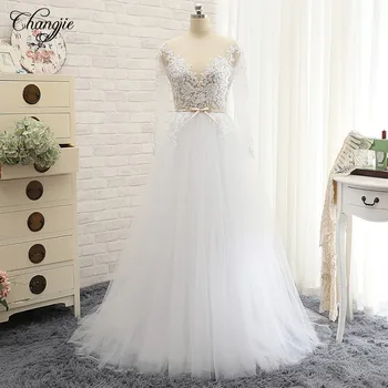 

Vestido de noiva Long Wedding Dresses 2020 O-Neck Long Sleeves Court Train Appliques Tulle Backless Wedding Gowns