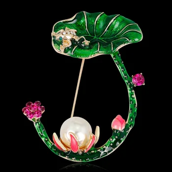 

Zlxgirl jewelry 12pcs/lot wholesale new Green Enamel Lotus brooch pin Frog flowers hijab pins imitation pearl brooches bouquet