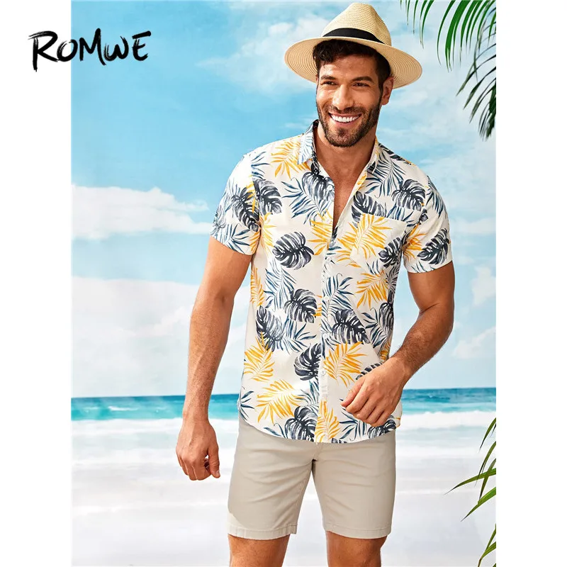 ROMWE мужские тропические печати изогнутый подол пляжные рубашки для отпуска мужские Boho короткий рукав одной кнопкой Летние повседневные рубашки