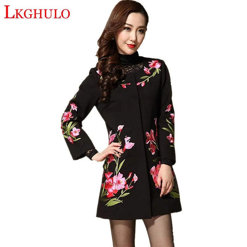 

Plus Size Women 2018 Fall Winter Mother flower Embroidery Woolen Overcoat Fashion Elegant Women Long Coat W582