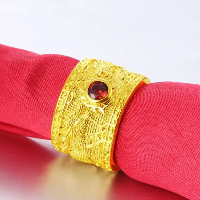 MxGxFam Men’s Rings Double Dragon Red CZ 24 k Pure Gold Color Animel jewelry 8/9/10/11/12 (US)