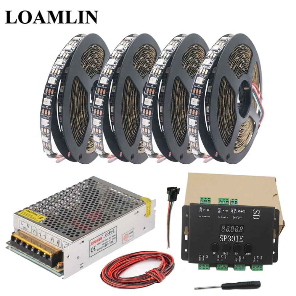 

WS2812B WS2812 RGB Led Strip Light Tape+ SP301E Syn Signal Programmable Pixel RGB LED Controller +DC5V Led Transformer Kit