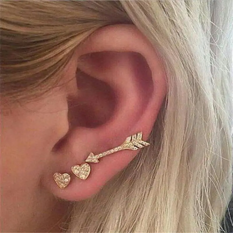 

3pcs/set Gold Color Crystal Small Stud Earrings for Women Romantic Arrow Heart Earrings Cute Jewelry Christmas Gift brinco