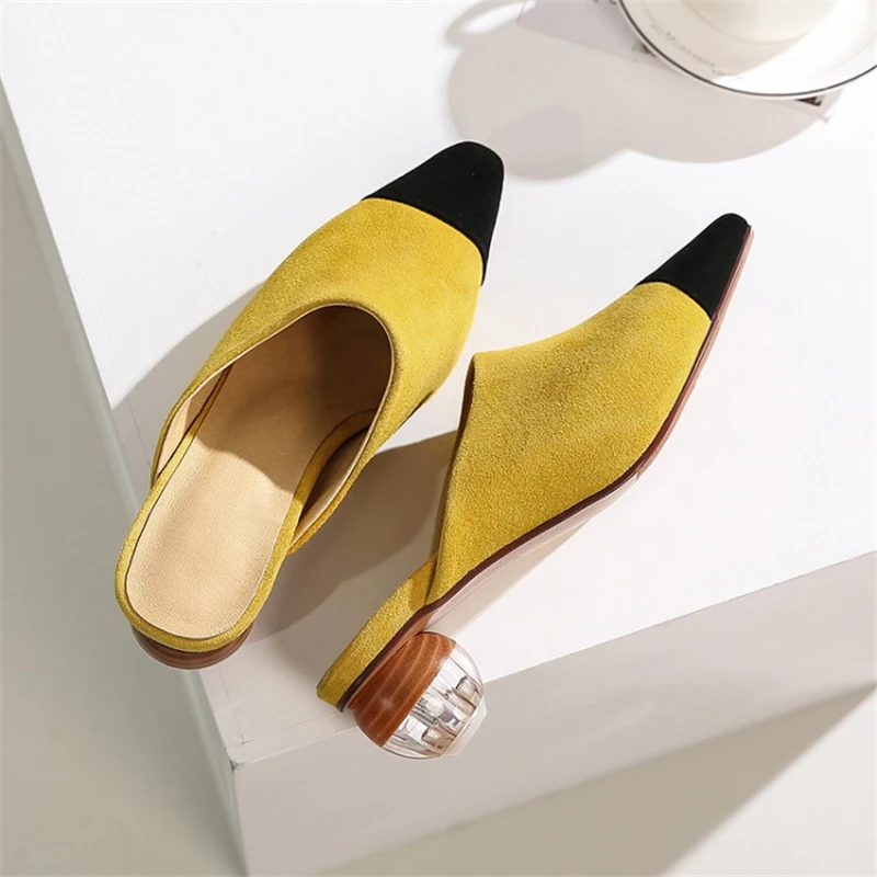 MSSTOR Pointed Toe High Heels Slippers Yellow Outdoor Fashion Sexy Mixed Colors Crystal Women Mules Kid Suede Shoes Woman 2019 MSSTOR Pointed Toe High Heels Slippers Yellow Outdoor Fashion Sexy Mixed Colors Crystal Women Mules Kid Suede Shoes Woman 2019