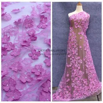 

La Belleza 1 yard Pink 3D flowers stones on netting embroidered dress fabric 1 yard fabrics wholsesale