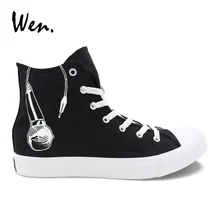 Вэнь парусиновая черная Вулканизированная обувь дизайн наушники микрофон ручная роспись обувь Студенческая обувь на плоской подошве со шнуровкой