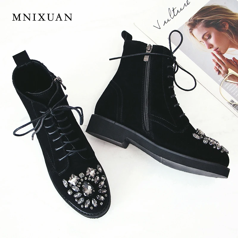 

MNIXUAN handmade martin boots women 2018 winter new nubuck lace up solid rhinestone zipper ankle boots black motorcycle boots