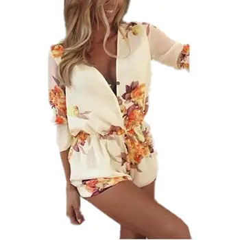 Gremiss Women Summer Short Jumpsuits Playsuit Floral Printed Rompers Bodysuit Overall Plus Size