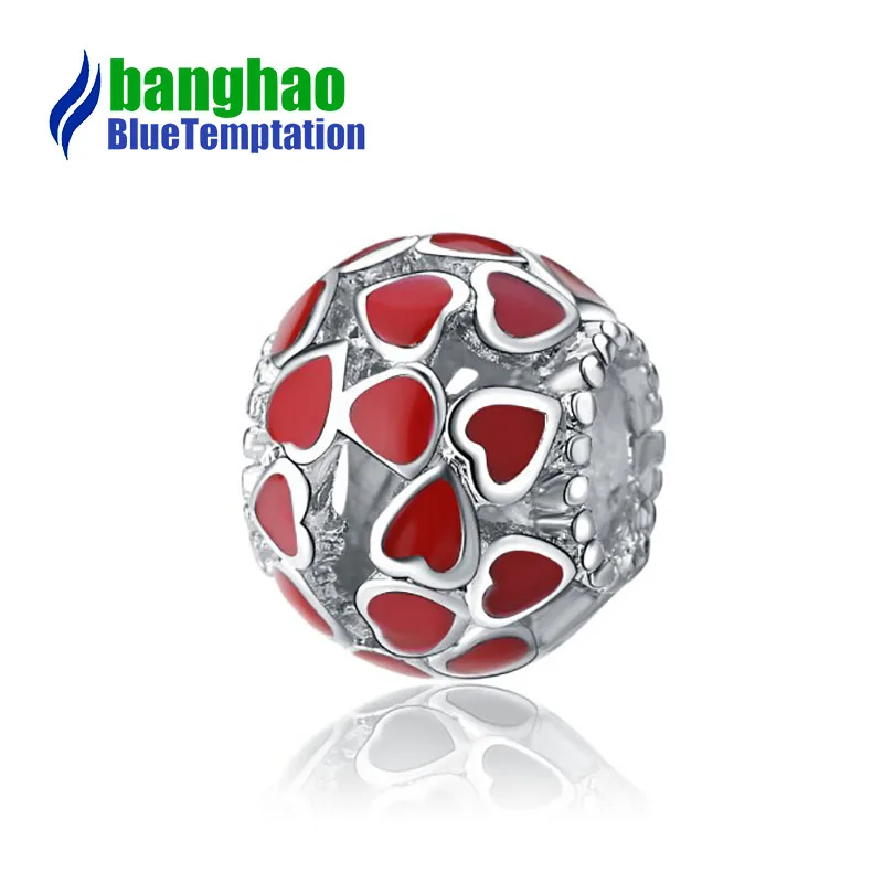 

plata de ley 925 Cherry Blossom Flowers charm Enamel bead Clear Women Heart Charms Beads Bracelets ENM356