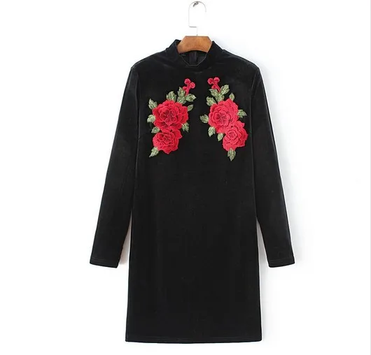 rose flowers embroidery dresses long sleeve velvet women dressin