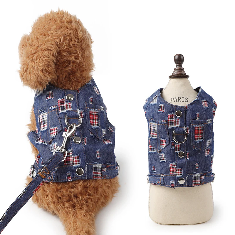 Dog Harness Vest Jean Jacket Denim Pet Puppy Vest Harness for Small Dog Cat Chihuahua Teddy Schnauzer Apparel