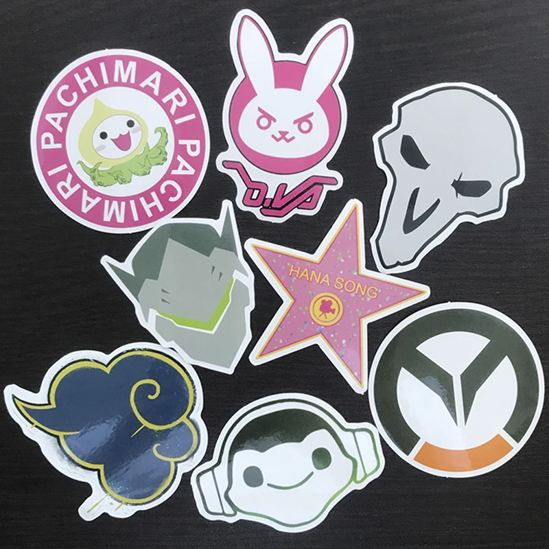 

AQK 7Pcs/Lot Overwatches Stickers OW D.VA Pachimari Genji REAPER Sticker For Wall Notebook Laptop Phone Car Fridge 7.5cm Decals