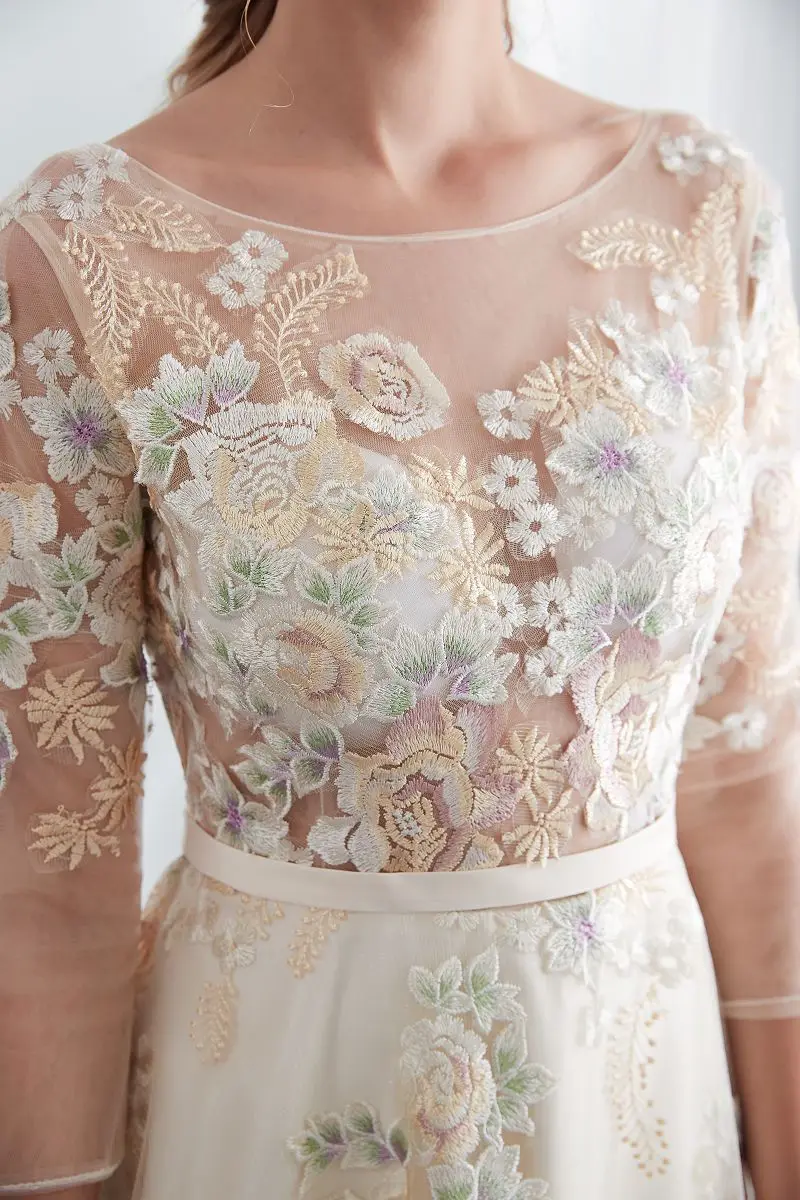 Sexy illusion Evening Dresses Long Formal party Elegant embroidery flower prom gowns 3 quarter sleeve Evening Dresses tulle Sexy illusion Evening Dresses Long Formal party Elegant embroidery flower prom gowns 3 quarter sleeve Evening Dresses tulle