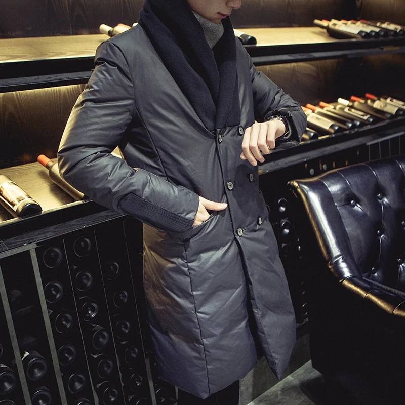 Men winter fashion slim warm large code length high-end double breasted jacket coat handsome Metrosexual