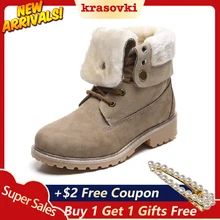 Krasovki/зимние сапоги; женские ботильоны с плюшевой подкладкой; теплые ботиночки с отложным мехом; обувь на платформе; зимняя женская обувь; Прямая поставка