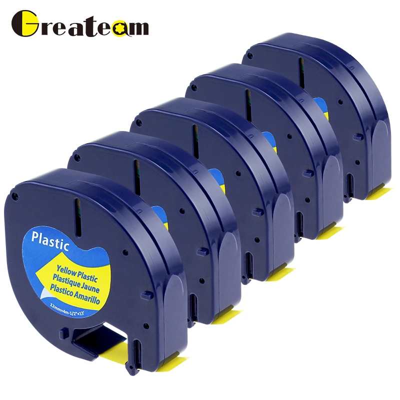 

Greateam 5pcs/lot 91202 Compatible DYMO LetraTag 91202 91222 91332 59423 Self-Adhesive Black on Yellow 12mmx4 m Label Tape