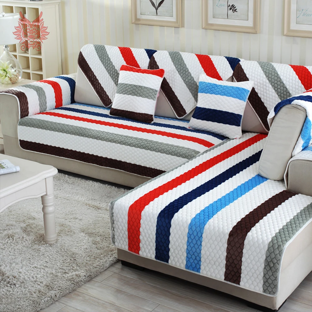 American style striped print quilting plush sofa cover flannel