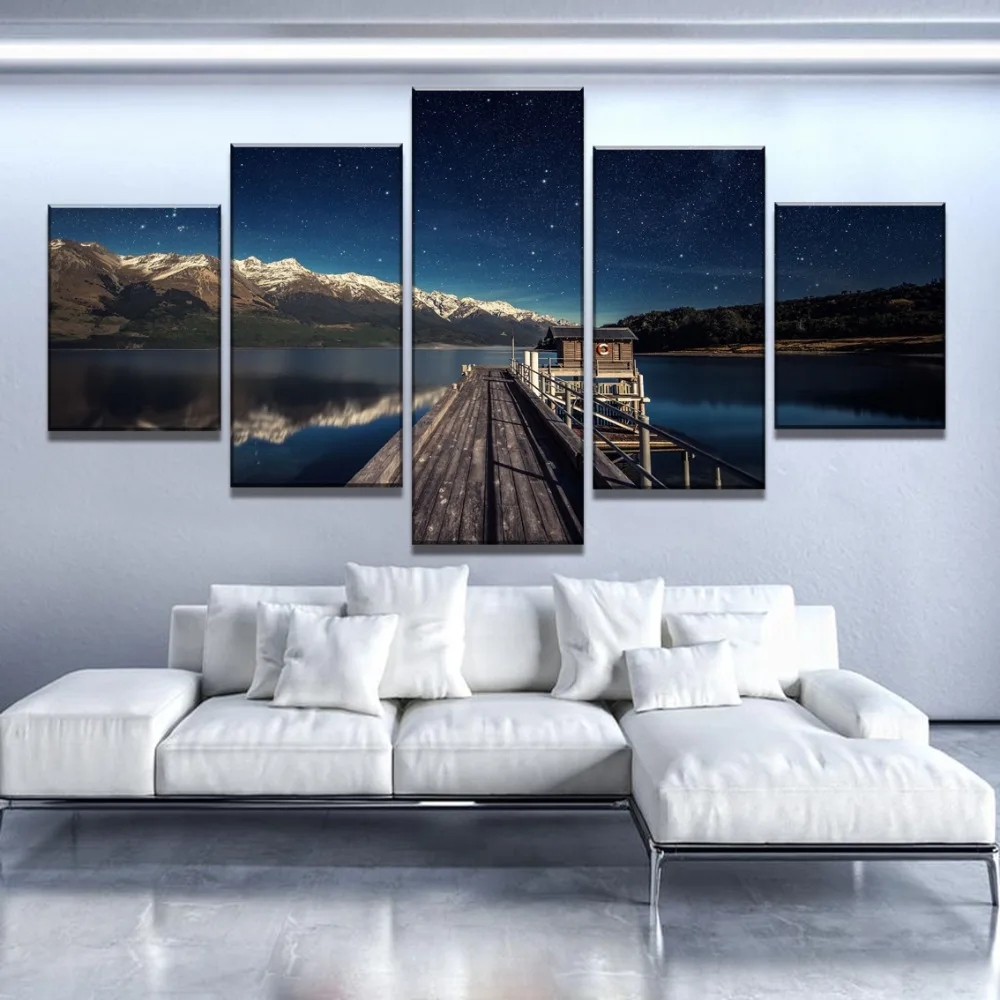 Waliicorners 5 Piece HD Print Wooden Bridge Lake Starry Sky Cuadros Landscape Canvas Wall Art Home Decor For Living Room Canvas Painting 5