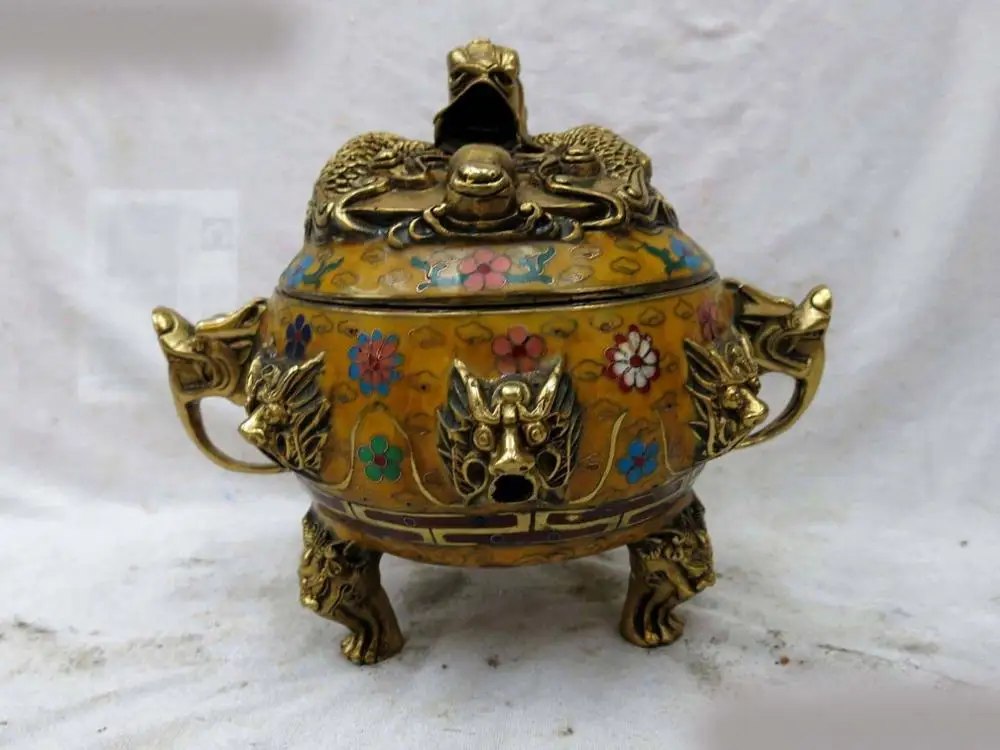 

7" China bronze Cloisonne carved Yellow nine dragon censer Incense burner Statue (D0426)