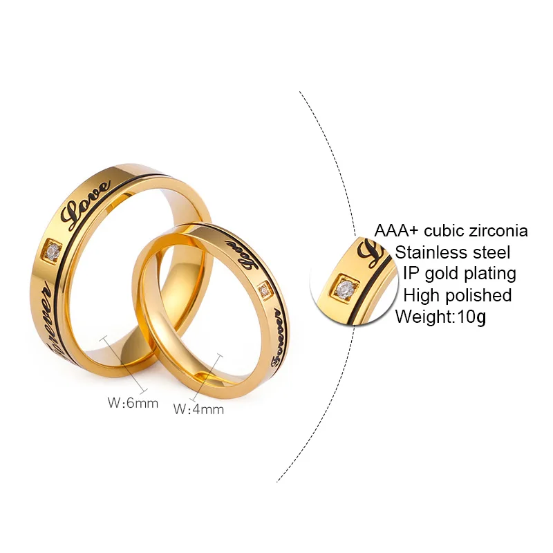 English Forever Love Wedding Rings Cubic Zirconia Couple Rings Black & Gold Color Stainless Steel Anniversary Alliance Jewelry
