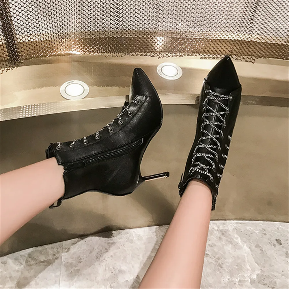 

Promotion design plus Size 48 Ladies High Heels Chain Pointed Toe Prom Women Shoes Woman Party Sexy Autumn Winter Ankle Boots