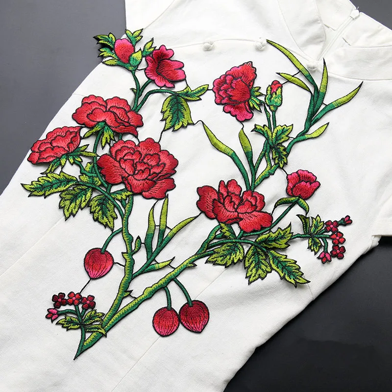 Embroidered Rose with and rosebuds on Stem Iron On Floral Patch Applique