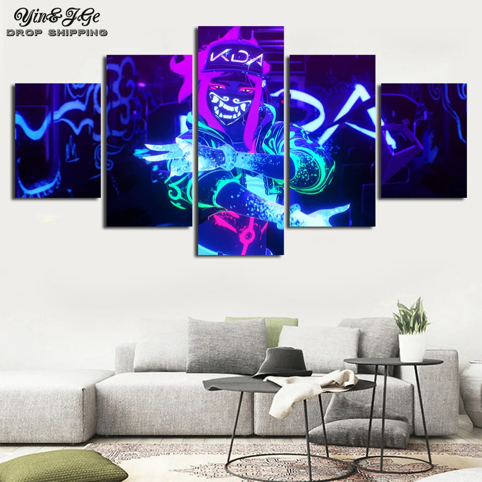 

Printed Game Picture Decor Room Wall 5 Pieces Akali K/DA LOL League of Legends Painting Framework Art Modular Canvas Poster