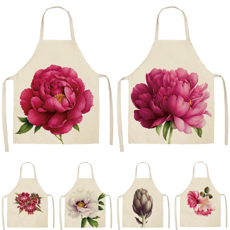 1Pcs Flower Pattern Kitchen Apron for Woman Sleeveless Cotton Linen Aprons Home Cooking Baking Bibs Cleaning Tools 53*65cm P1001