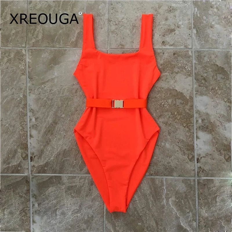 

XREOUGA Solid One Piece Swimsuits Removable Waist Button Bikini Ladies Beach Swimwear Push-Up Padded Bikini High Cut Swimwear