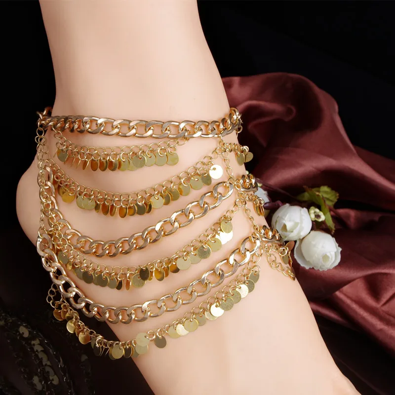 AK042 Fashion Golden Multilayer Fringed Sequins Anklets Women Foot Chain Charm Accessories Wedding Party Jewelry Gift