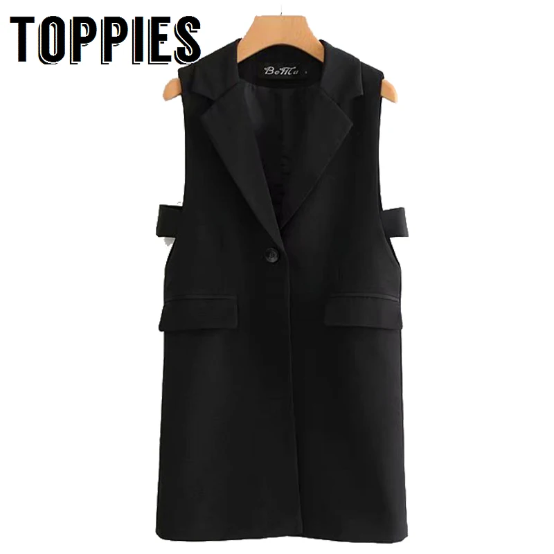 

Women Elegant Sleeveless Vest Office Lady Slim Long Suit Single Button Black Waistcoat Leisure Vest Notched Collar
