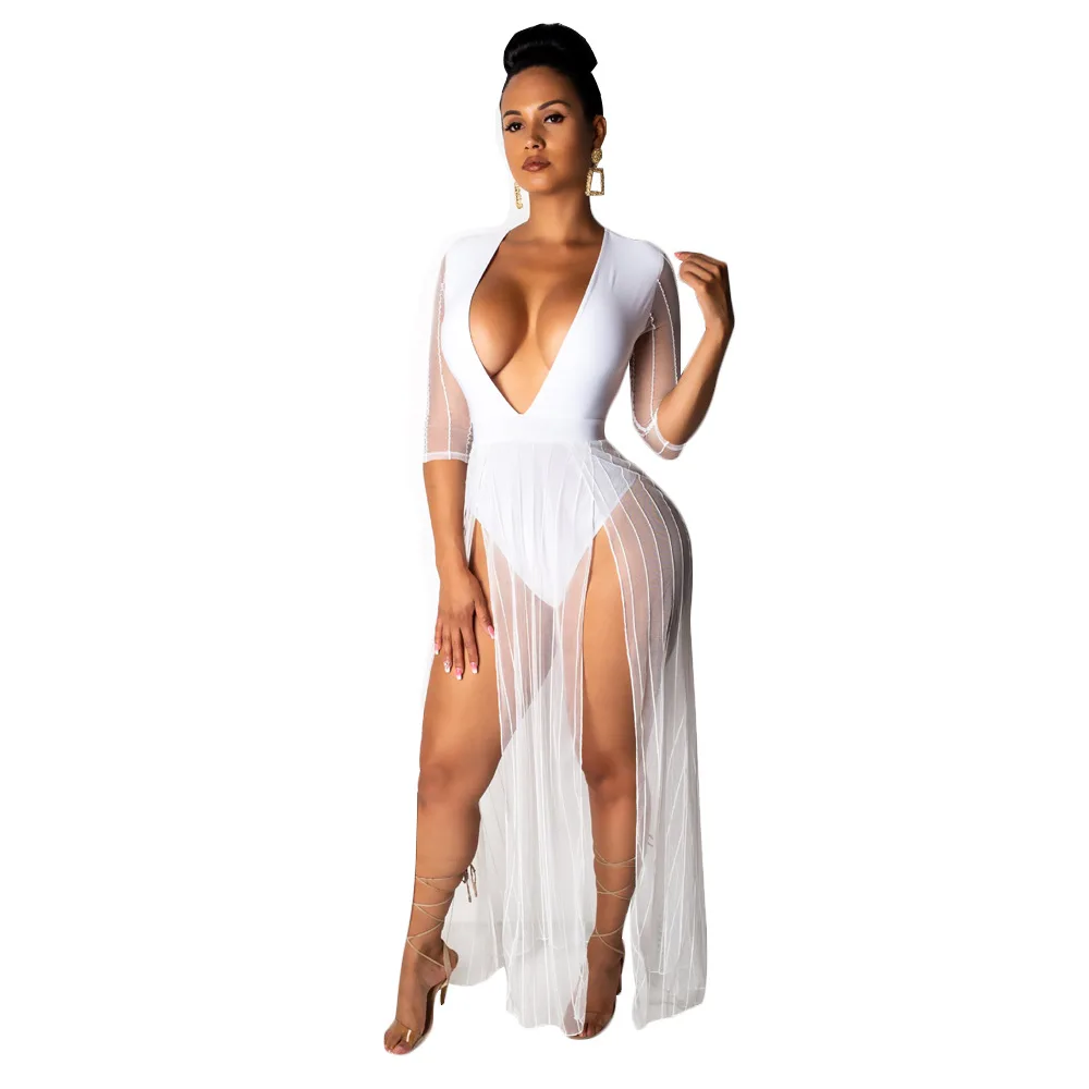 

Women Sexy Dress Mesh Splicing Blackless Siamese Side Slit Sundress Female Elegant Deep V Dresses Soild Color Nightclub Vestidos