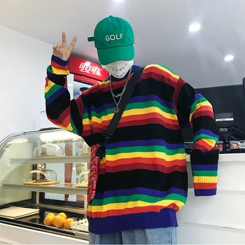 

2019 male Female Spring autumn Korean version Harajuku Leisure Loose Rainbow Gradient Multicolor Stripe Long Sleeve Sweater