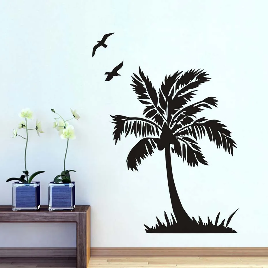 Flying Bird And Palm Tree Wall Stickers For Kids Rooms Bathroom Seaside Scenery Vinyl Removable Art Posters Home Decor | Дом и сад