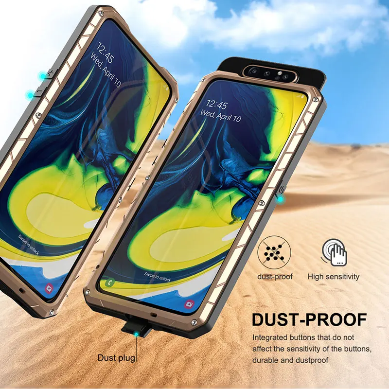 For Samsung Galaxy A80 Phone Case Hard Aluminum Metal Tempered Glass Screen Gift Protector Cover Heavy Duty Protection Cover