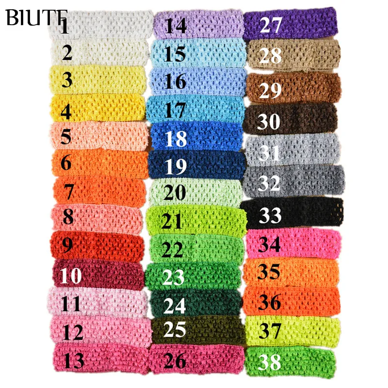 

50pcs/lot 1.5 Inch Elastic Crochet Girl Hairband Knitted Pettiskirt Headband 38 Color in Stock FD099